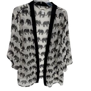 Mudd OS black white elephant print Open Front Sheer Cardigan Kimono Satin trim